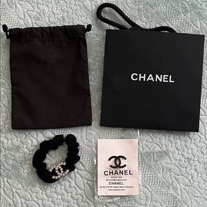 CHANEL Black Velvet Scrunchie with Crystal CC Emblem
